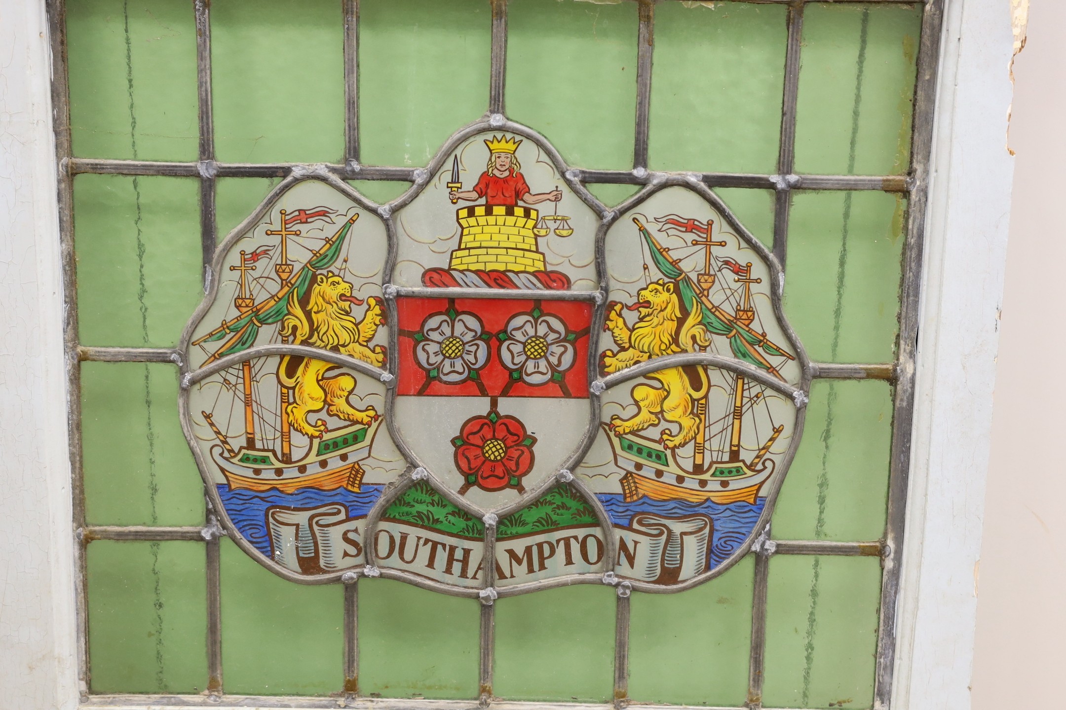 A framed stained glass panel Southampton crest